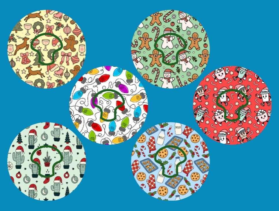 HOLIDAY HAPPINESS PATTERNS - 6 PATCH SET -   MEDTRONIC GUARDIAN OVERLAYS WITH CUT-OUT FOR USE WITH DECK MY DIABETES GRIPSHIELD