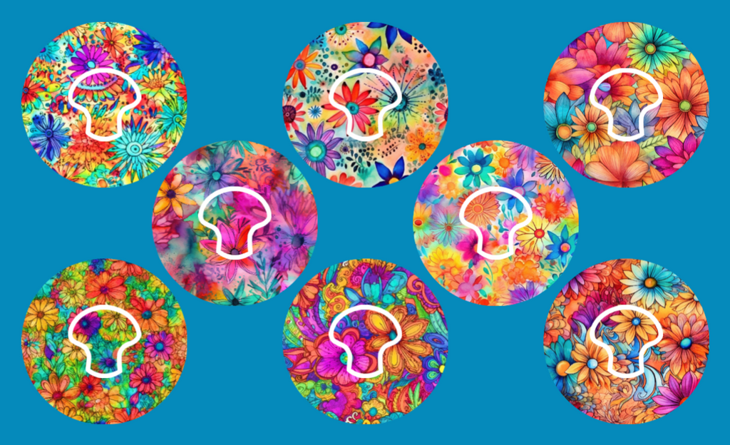 HIPPIE FLOWERS - 8 PATCH SET - MEDTRONIC GUARDIAN OVERLAYS WITH CUT-OUT FOR USE WITH DECK MY DIABETES GRIPSHIELD