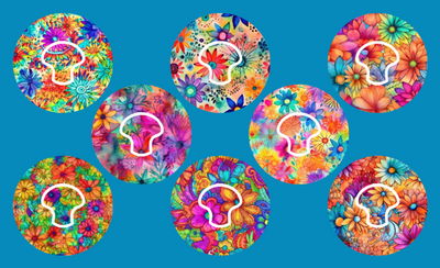 HIPPIE FLOWERS - 8 PATCH SET - MEDTRONIC GUARDIAN OVERLAYS WITH CUT-OUT FOR USE WITH DECK MY DIABETES GRIPSHIELD