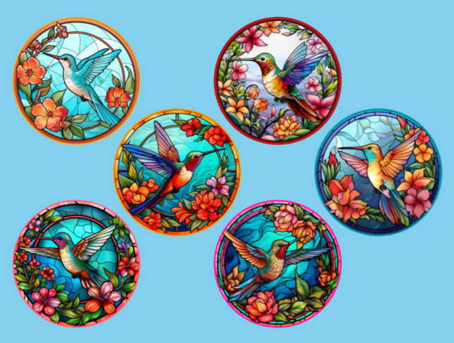 STAINED GLASS HUMMINGBIRDS 6 PATCH SET