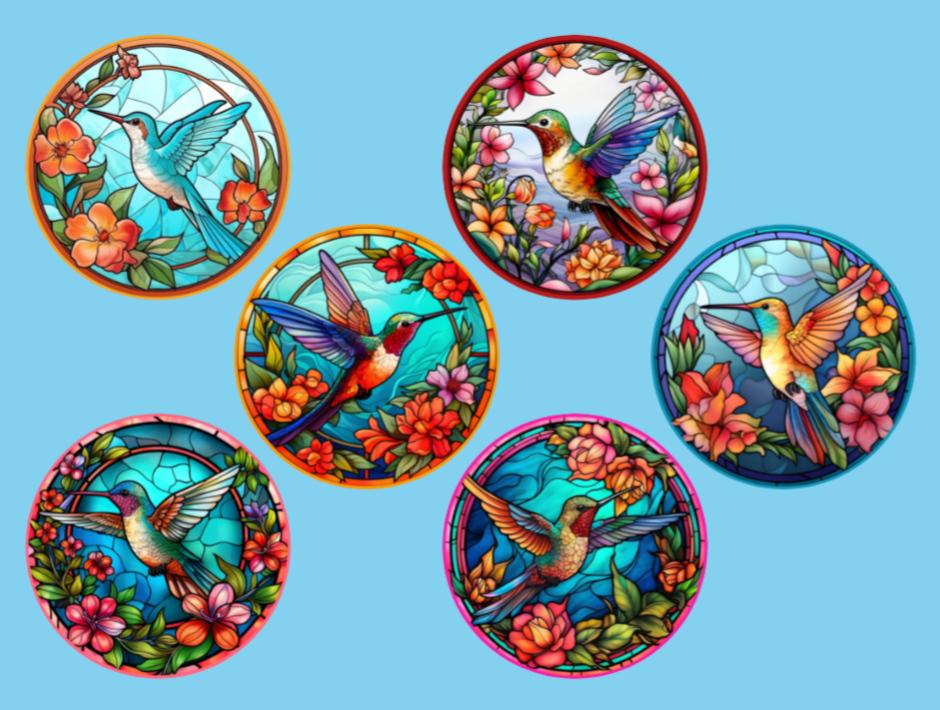 STAINED GLASS HUMMINGBIRDS - 6 PATCH SET - LARGE SOLID OVERLAYS