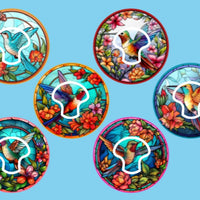 STAINED GLASS HUMMINGBIRDS - 6 PATCH SET -  MEDTRONIC GUARDIAN OVERLAY WITH CUT-OUT FOR USE WITH DECK MY DIABETES GRIPSHIELD