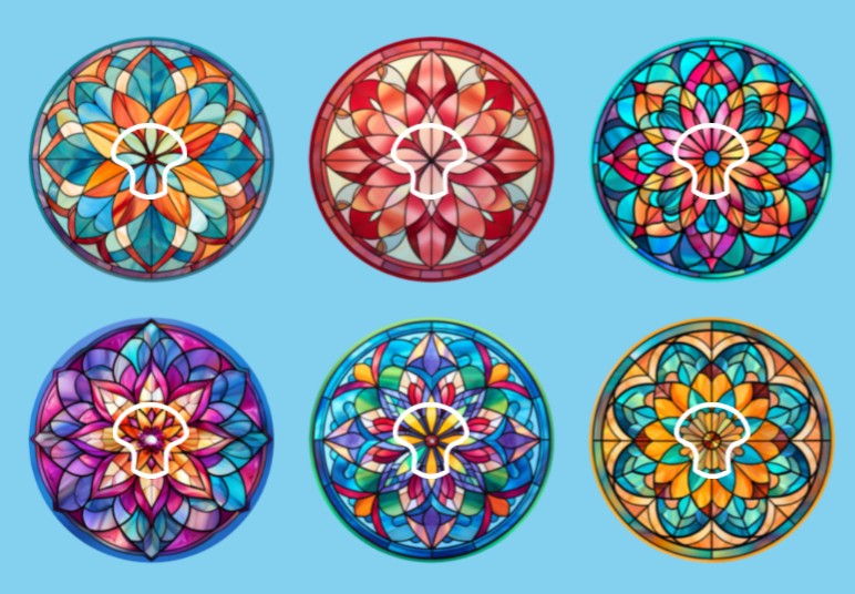 STAINED GLASS MANDALAS - 6 PATCH SET -   MEDTRONIC GUARDIAN OVERLAYS WITH CUT-OUT FOR USE WITH DECK MY DIABETES GRIPSHIELD