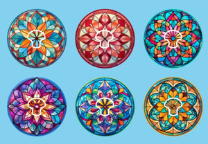 STAINED GLASS MANDALAS - 6 PATCH SET -   MEDTRONIC GUARDIAN OVERLAYS WITH CUT-OUT FOR USE WITH DECK MY DIABETES GRIPSHIELD