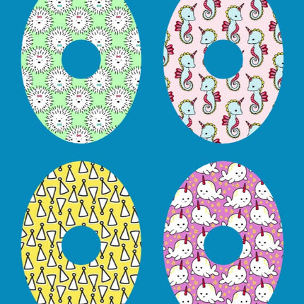 PARTY HATS, HEDGEHOGS, UNICORN-SEAHORSES & NARWHALS OVAL 4 PATCH SET