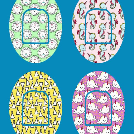 PARTY HATS, HEDGEHOGS, UNICORN-SEAHORSES & NARWHALS OVAL 4 PATCH SET