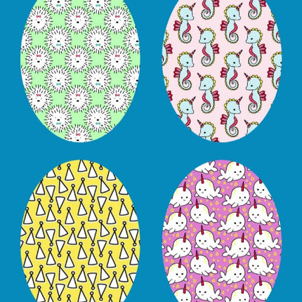 PARTY HATS, HEDGEHOGS, UNICORN-SEAHORSES & NARWHALS OVAL 4 PATCH SET