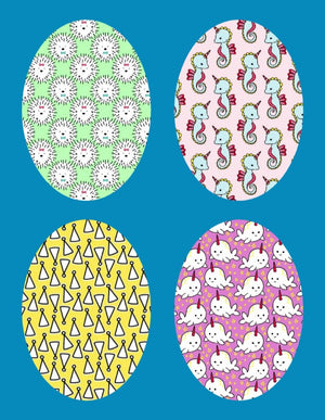 PARTY HATS, HEDGEHOGS, UNICORN-SEAHORSES & NARWHALS OVAL 4 PATCH SET
