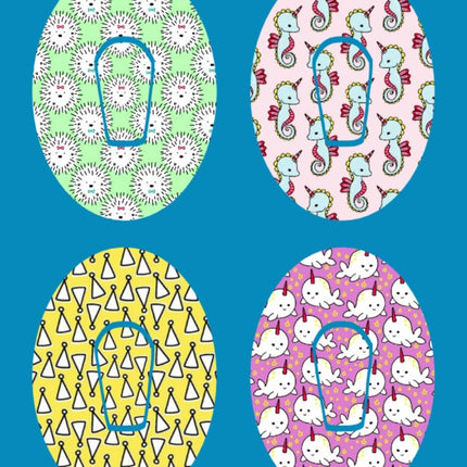 PARTY HATS, HEDGEHOGS, UNICORN-SEAHORSES & NARWHALS OVAL 4 PATCH SET