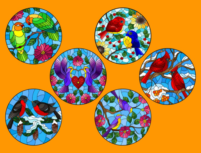 STAINED GLASS BIRDS CIRCULAR 6 PATCH SET