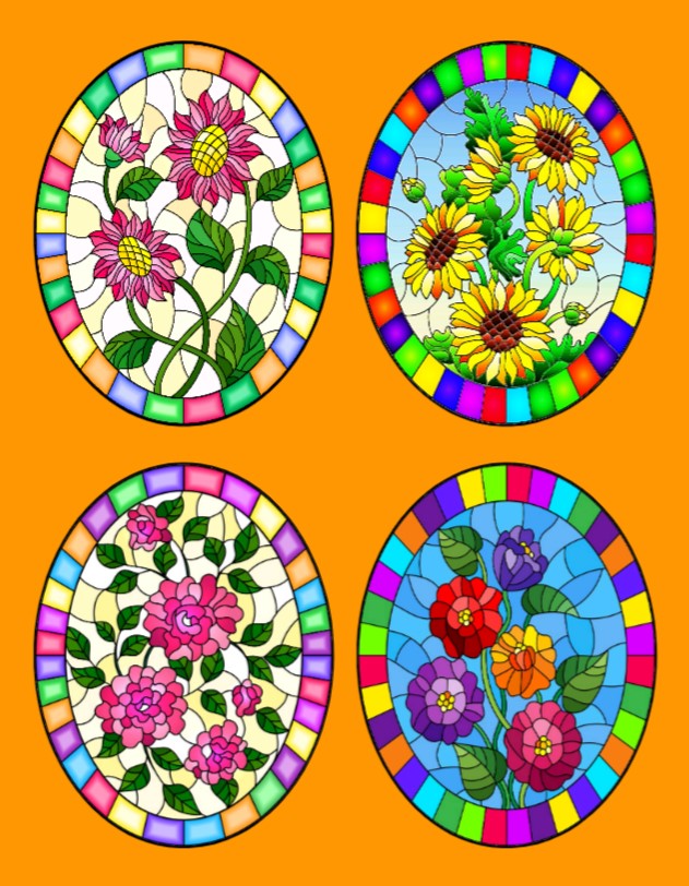 STAINED GLASS FLOWERS OVAL 4 PATCH SET