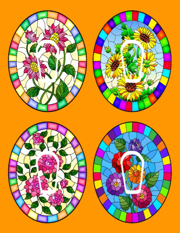 STAINED GLASS FLOWERS OVAL 4 PATCH SET